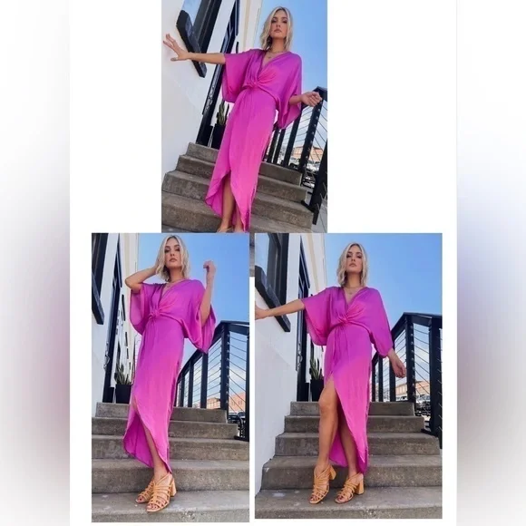 YOUNG FABULOUS & BROKE YFB Siren Maxi Kimono Kaftan Silky Dress size small - Picture 4 of 6